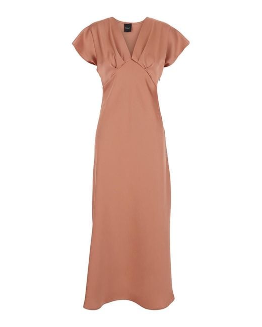 Le Plain Pink Long Dress With V-Neck And Ruches On The Front