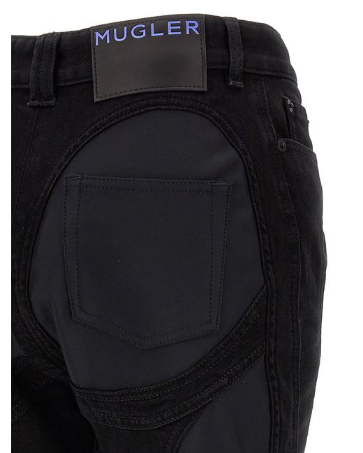 Mugler Black Zipped Bi-material Jeans