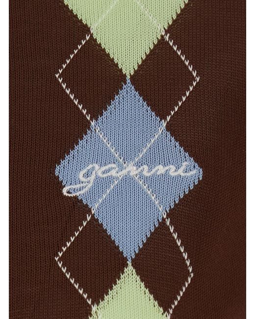Ganni Brown Cardigan Crew Neck Cotton Tops