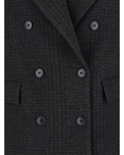Le Plain Black Double-Breasted Jacket With Peak Revers And All-Over Check Motif