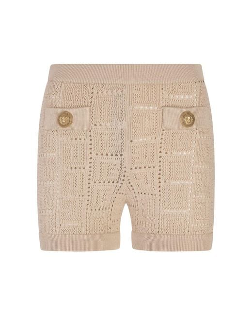 Balmain Natural Beige Perforated Knit Shorts With Monogram