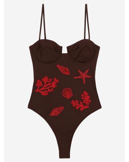 Mc2 Saint Barth Red One-Piece Swimsuit With Marine Embroidery Polyamide Swimwear