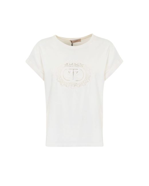 Twin Set White T-Shirt With Lace Logo