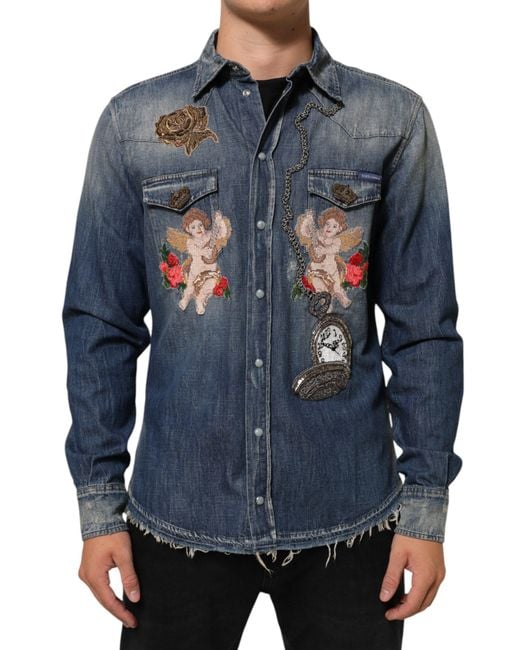 Dolce & Gabbana Blue Angel Patch Denim Buttoned Down Shirt for men
