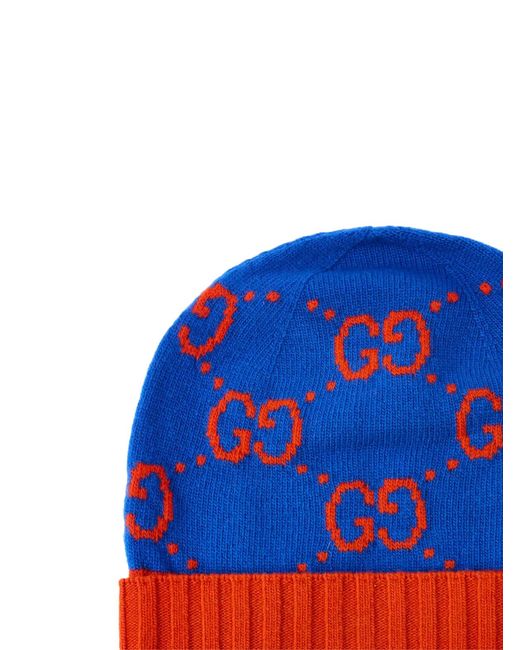 Gucci Blue Gg Monogram Wool Beanie Accessories Beanies & Hats
