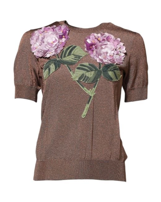 Dolce & Gabbana Brown Lily Embellished Round Neck Blouse Top