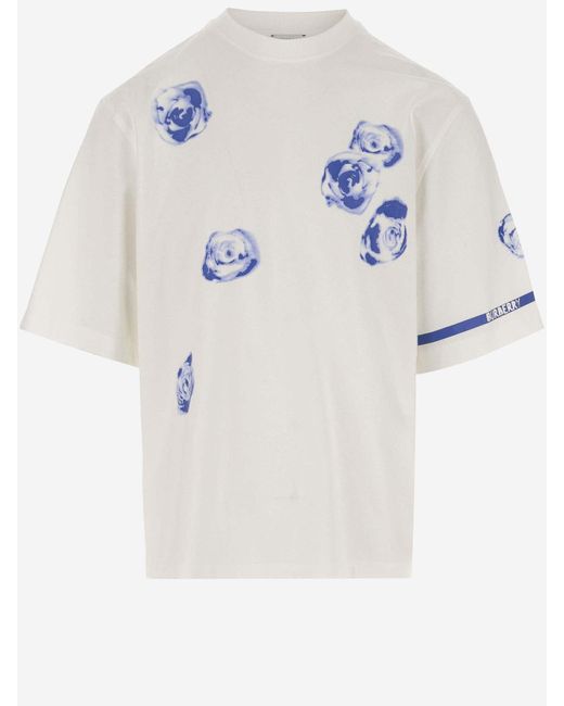 Burberry Blue Cotton T-Shirt With Rose Pattern for men