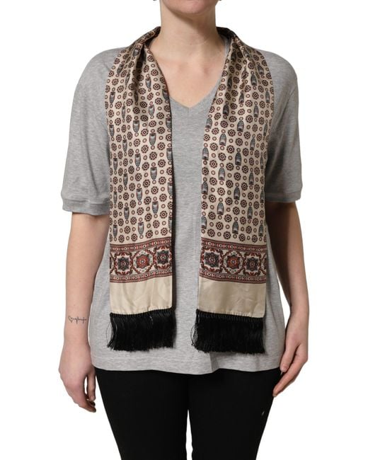 Dolce & Gabbana Gray Cotton V-Neck Owl Silk Scarf Top T-Shirt