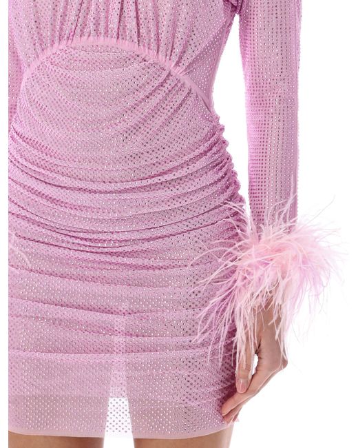 Self-Portrait Pink Rhinestone Feather Mesh Mini Dress