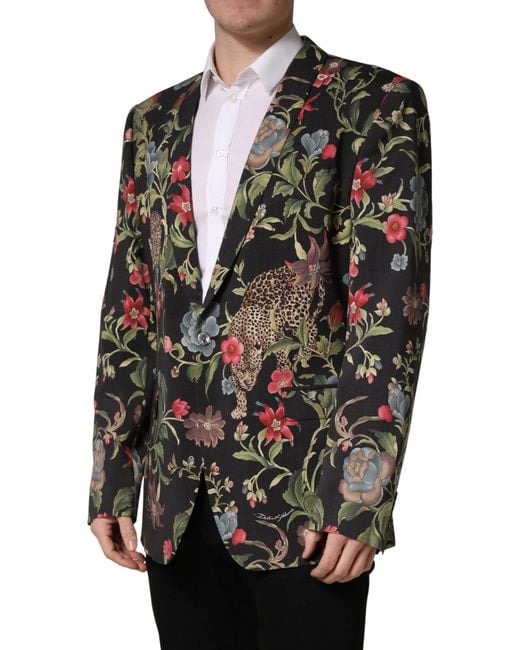 Dolce & Gabbana Black Floral Leopard 1 Button Suit Jacket Elastane Virgin Wool for men