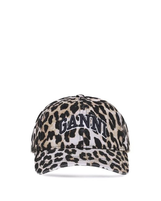 Ganni Brown Baseball Hat Leopard Print Cotton