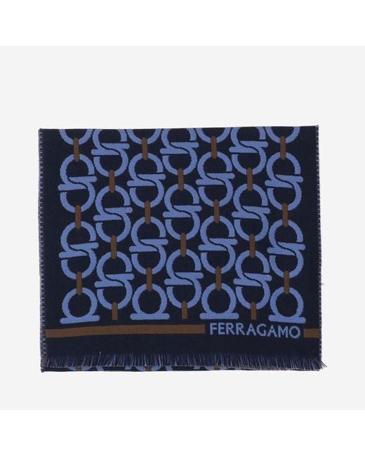 Ferragamo Blue Wool Scarf With Hook Pattern for men