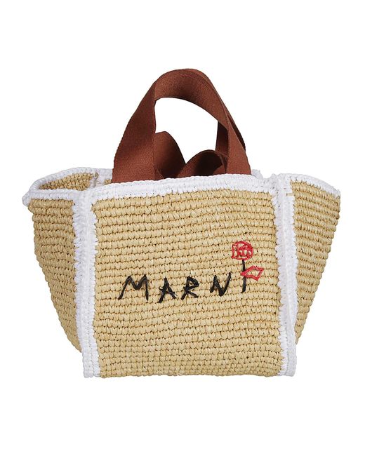 Marni Natural Logo Embroidered Woven Top Handle Tote
