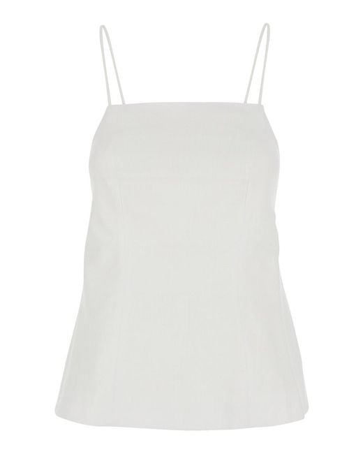 Semicouture White Linen Top With Short Sleeves And Round Neckline, Tops