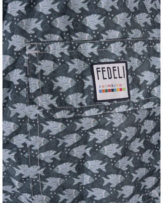 Fedeli Blue Petroleum Swim Shorts With Fish Pattern for men