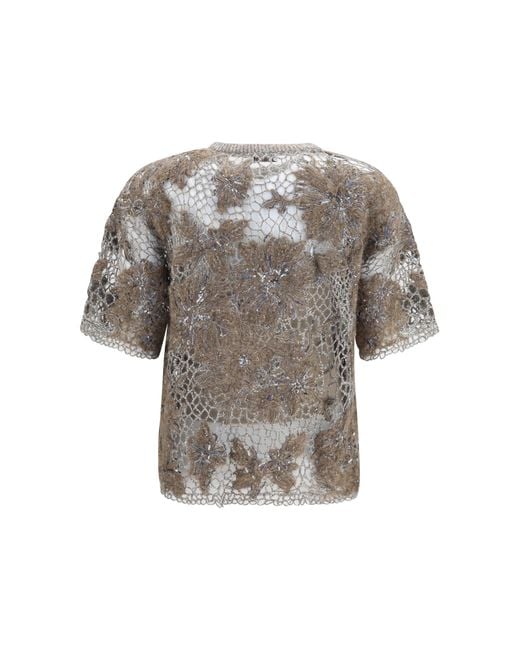 Brunello Cucinelli Gray Crew-Neck Top With Floral Embroidery And Sequins T-Shirts