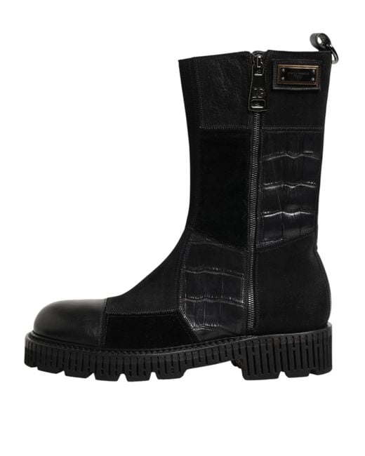 Dolce & Gabbana Black Patchwork Leather Mid Calf Boot Shoes Co+Horse+Crocodile for men