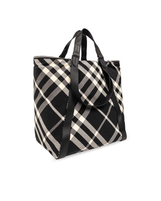 Burberry Black Shopper Bag With Check Pattern