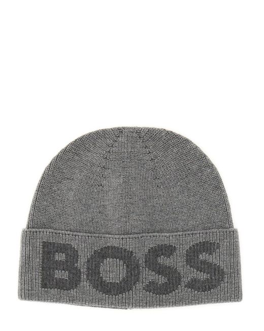 Boss Gray Knit Hat With Logo for men