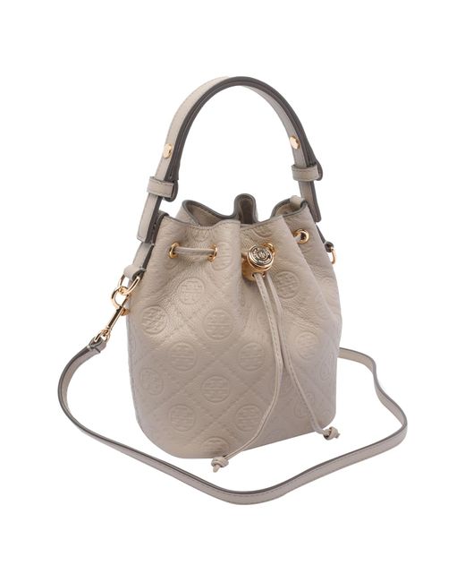 Tory Burch Gray Mini T Monogram Pebble Bucket Bag