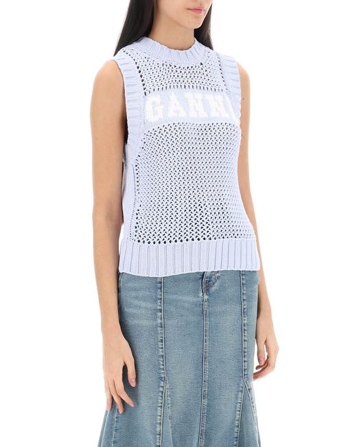 Ganni Blue Open-stitch Knitted Vest With Logo