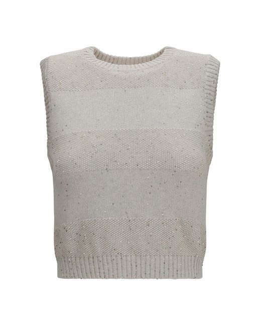 Brunello Cucinelli Gray Knit And Sequin Vest Cotton; Polyester Knitwear