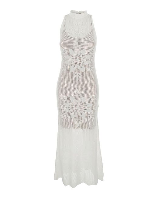 Twinset White Long Dress Knitted With V-Neck And Sleeves Viscose Polyamide