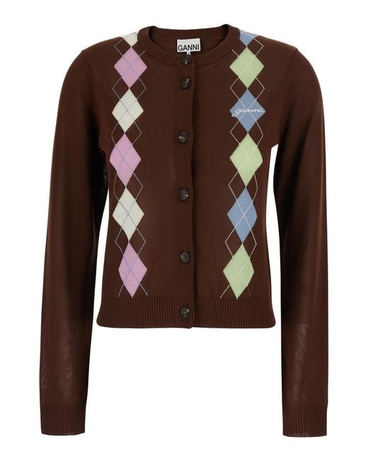 Ganni Brown Cardigan Crew Neck Cotton Tops