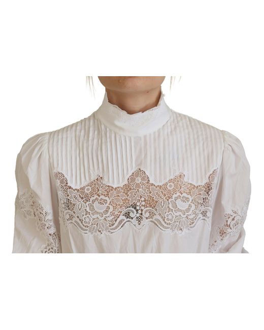 Dolce & Gabbana Gray Elegant Lace Trim Cotton Blouse