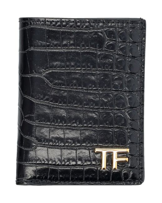 Tom Ford Black Printed Croc Folding Wallet for men