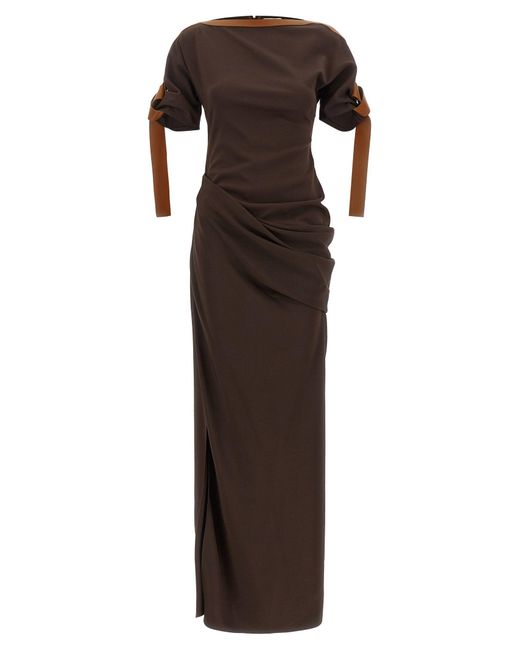 Ferragamo Brown Leather-Trimmed Bias-Cut Dress