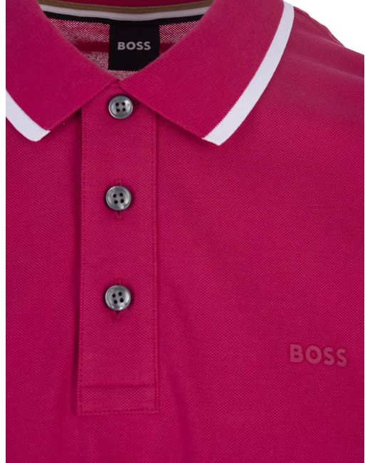 Boss Pink Fuchsia Slim Fit Polo Shirt With Striped Collar for men