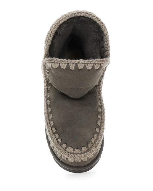 Mou Brown Eskimo Ankle Boots With Crochet Details And Logo Patch On The Rear