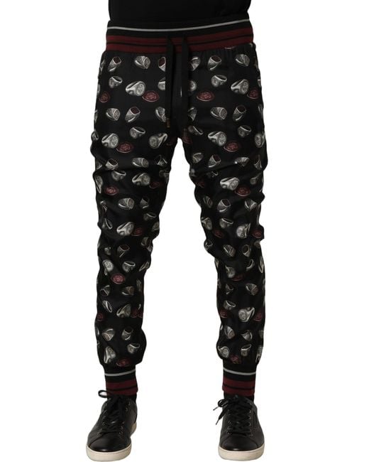 Dolce & Gabbana Black Pants Ring Print Silk Jogging Trousers for men
