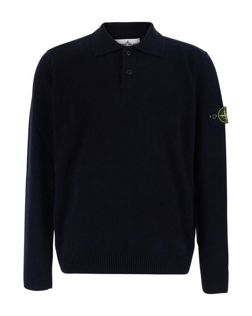 Stone Island Blue Long-Sleeve Wool Polo Shirt T-Shirts for men