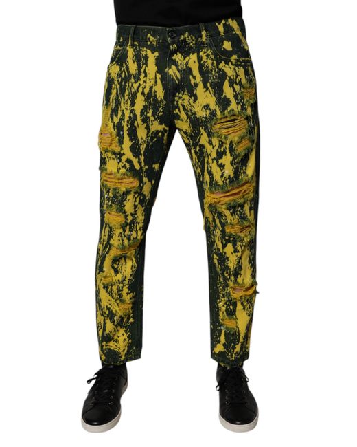 Dolce & Gabbana Green Black Yellow Tie Dye Tattered Skinny Men Denim Jeans for men