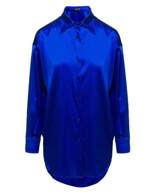 Tom Ford Blue E Relaxed Shirt With Pointed Collar In Stretch Silk