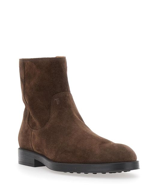 Tod's Brown Ankle Boot Camel Side Zip Rubber Sole Sheep Leather for men