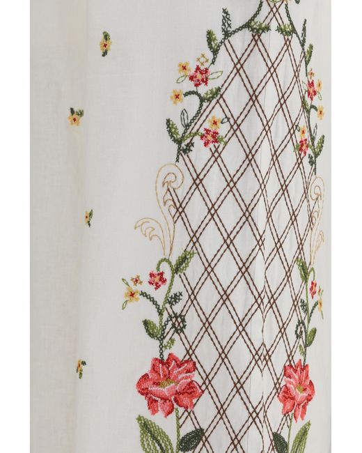 Farm Rio White Floral Embroidered Wide-Leg Pants Linen; Viscose