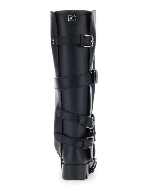 Dolce & Gabbana Black Ankle Boots With Adjustable Buckle Straps And Logo Plaque On The Back