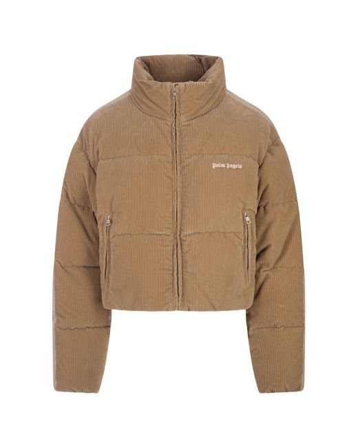Palm Angels Natural Corduroy Short Down Jacket With Logo