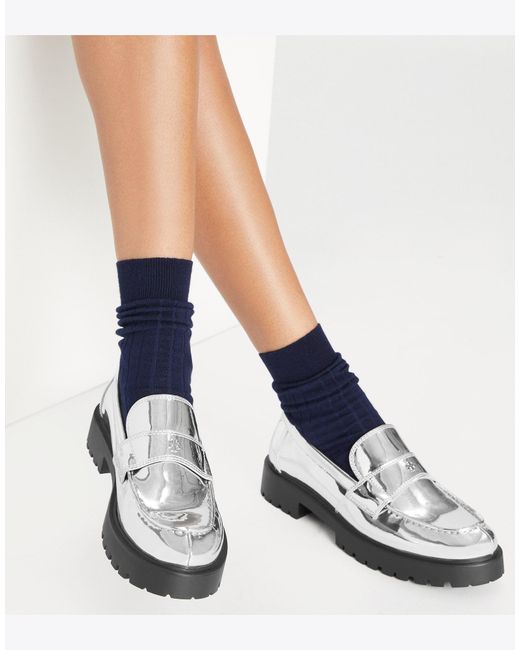 Tory Burch White Mirrored Metallic Classic Logo Lug Loafers Shoes Flats