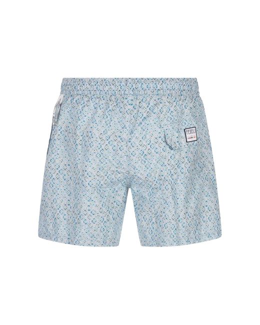 Fedeli Blue Swim Shorts With Shaded Majolica Micro Pattern for men