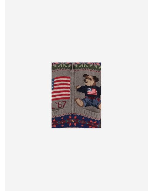 Polo Ralph Lauren Gray Wool Sweater With Polo Bear Print And Geometric Pattern