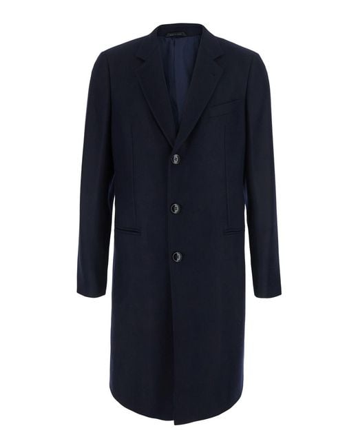 Giorgio Armani Blue Single-Breasted Cashmere Chevron Coat Virgin Wool for men