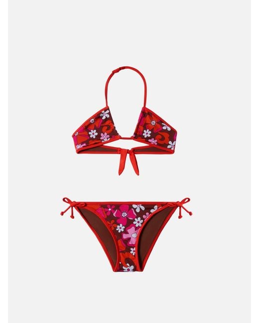 Mc2 Saint Barth Red Aryanna Bandeau Bikini With Retro Flower Print