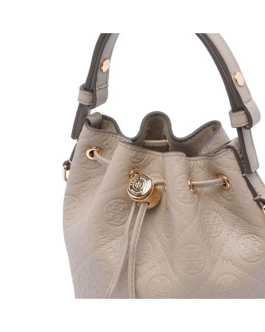 Tory Burch Gray Mini T Monogram Pebble Bucket Bag