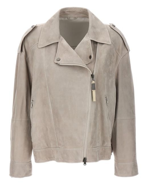 Brunello Cucinelli Gray Leather Jacket