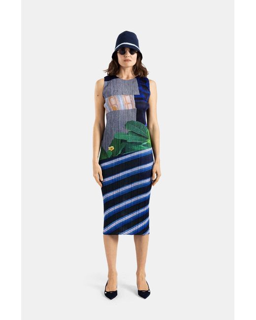 Pleats Please Issey Miyake Blue City Collage Pleated Dress
