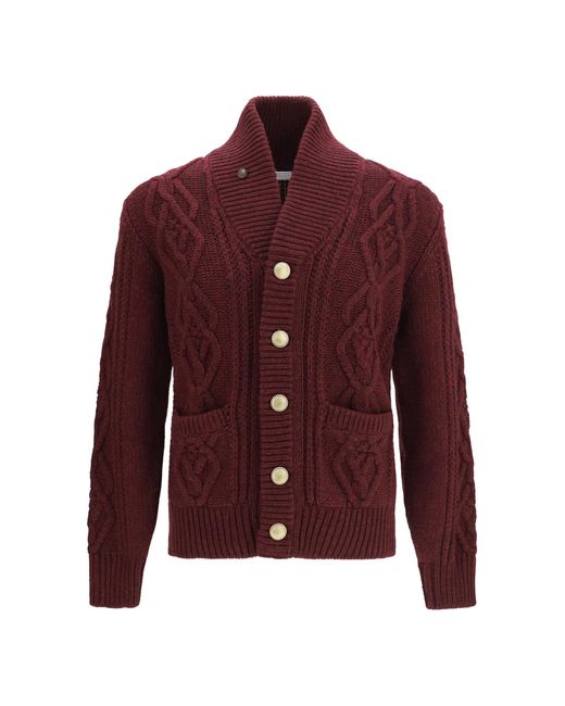 Brunello Cucinelli Red Cable-Knit Cashmere Cardigan Kashmir/Capra Hircus for men